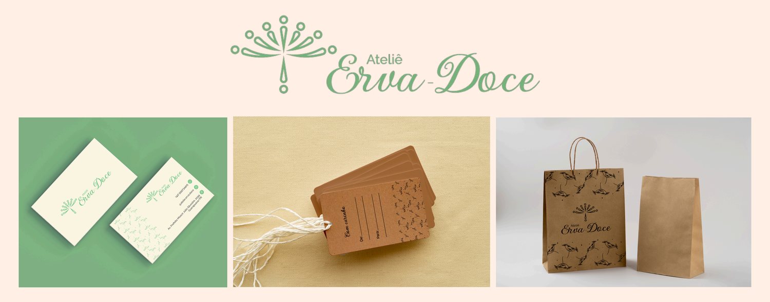 Identidade visual do Ateliê Erva-Doce: logo, cartões, tags e sacolas