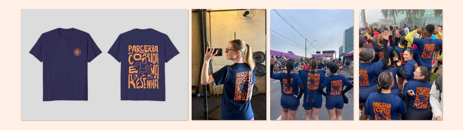 Camiseta azul com estampa lettering laranja, usada por um grupo de corrida
