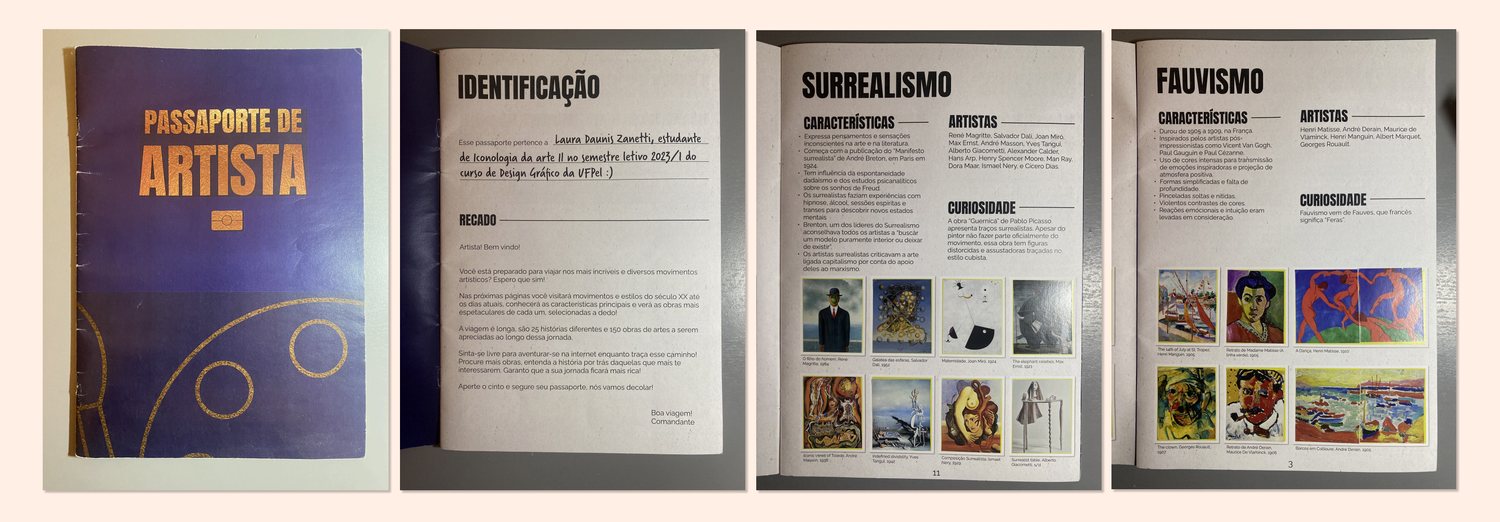 Álbum de figurinhas Passaporte de Artista aberto nas páginas de surrealismo e fauvismo