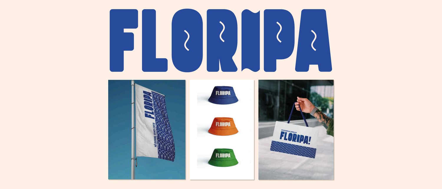 Identidade visual da cidade de Floripa aplicada em bandeira, bucket hats e sacola