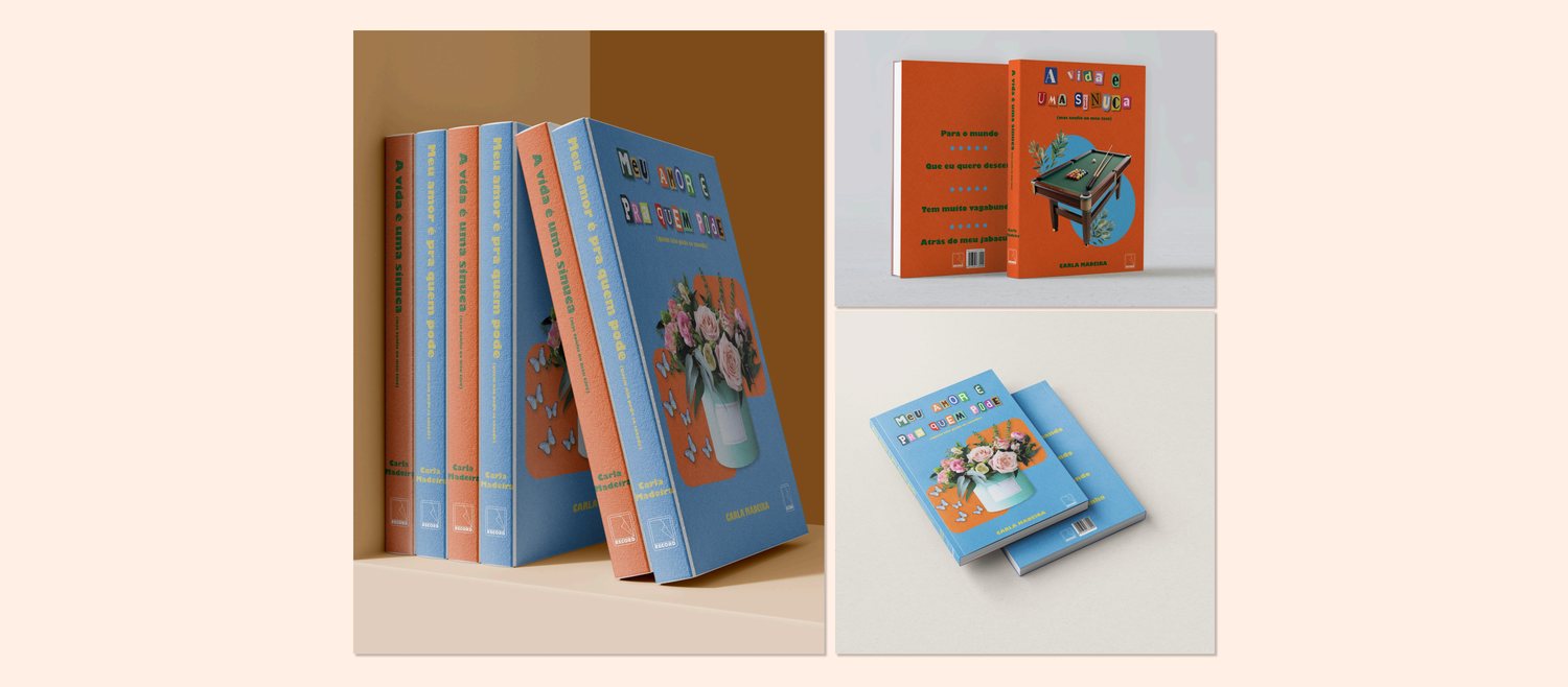 Coleção de livros com capas ilustradas em tons de azul e laranja