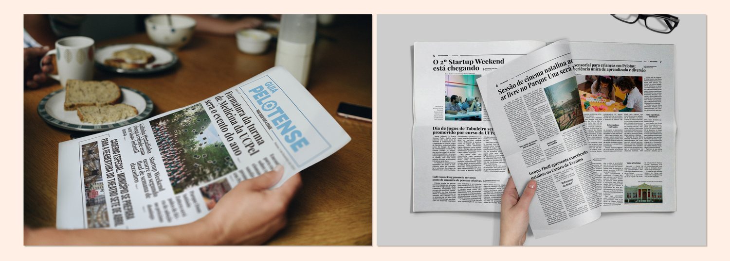 Jornal Guia Pelotense impresso, sendo lido em uma mesa de café