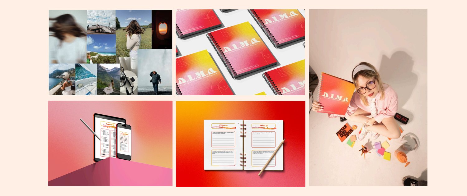 Projeto A.L.M.A.: caderno com capa em gradiente laranja e rosa, versão digital e uso real